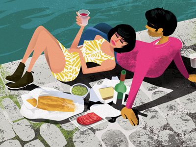 Picnic By The Seine couple food illustration love paris picnic romance seine spring summer