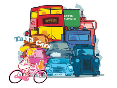 Cycle London bus cars character design cycle cycling drawgood illustration london pollution retro traffic truck