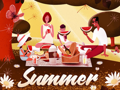 Summer character design hamper family food fruit holiday melon nature people picnic summer