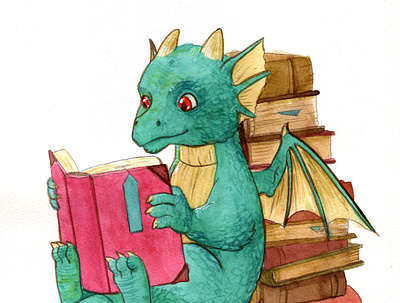 Reading dragon dragon fantasy art illustration watercolor