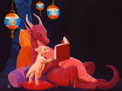 Story time for baby dragon acrylic book dragon illustration reading storybook