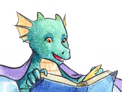 Baby dragon and a book