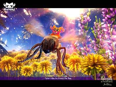 Telior Rides his friend the Bee 3d 3d illustration animation character design characters childrens books cinema 4d illustration kids stories monsterlings monsters zbrush