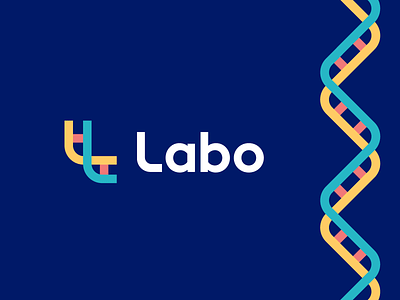 Labo branding chromosome data dna gene identity l l letter l logo lab laboratory logo mark modern science scientific symbol