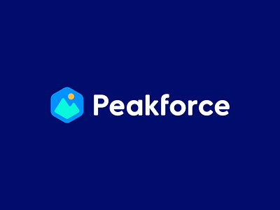 Peakforce - startup mountain logo branding data friendly hexagon landscape mountain nature p e a k f o r c e peak software sun tech tech logo technology