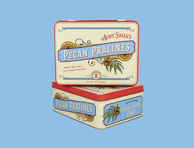 Aunt Sally's Pralines Tin illustration packaging design packaging mockup pecan pralines retro tin