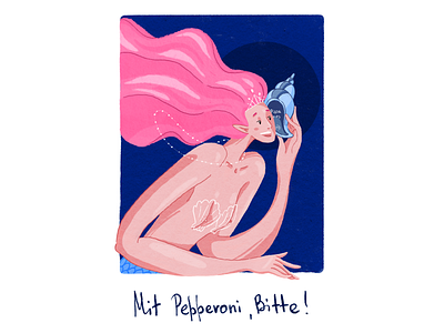 Mit Pepperoni, Bitte! character girl illustration mermaid pizza postcard postcard design procreate