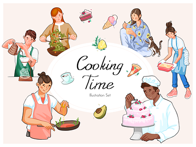 Illustration Set avocado cake character characters coffee cooking cooking app fish food greeting cards icecream illustration lemon pastel pizza procreate project salad stickers texture