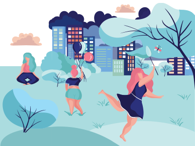 City at sunset city dribbble illustration vector woman