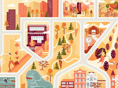 Flat town autumn city flat girl house illustration map people town tree vector vector map vectorillustration