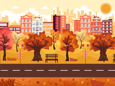 Autumn autumn autumn leaves dribbble flat illustration illustrator park town tree vector vectorillustration webdesign