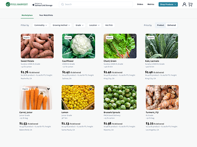 Full Harvest Product Listings Page data design e commerce market place plp product listing page ui ux