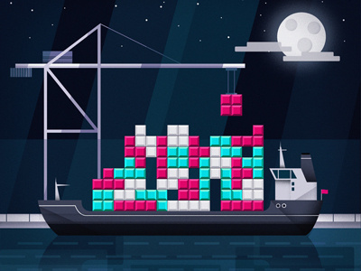 Game over? boat crane illustration moon night port tetris