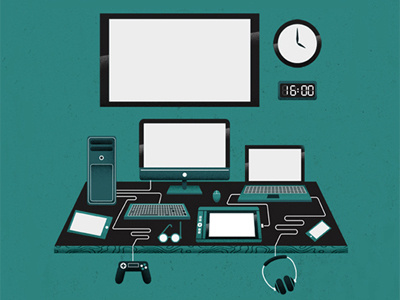 Device chaos chaos computer design desk devices illustration office tv