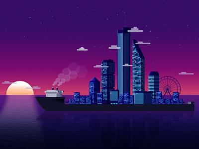 Moving the city boat building city digital illustration ocean sea ship sunset vector