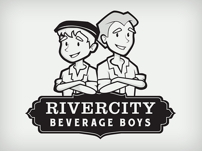 Rivercity Beverage Boys logo beverage boys branding brothers cartoon chocolate cider city design face figure hat illustration logo people retro river typography vector vintage