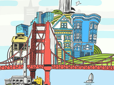 San Francisco alcatraz buildings golden gate bridge hills illustration procreate sailboat san francisco skyline victorian