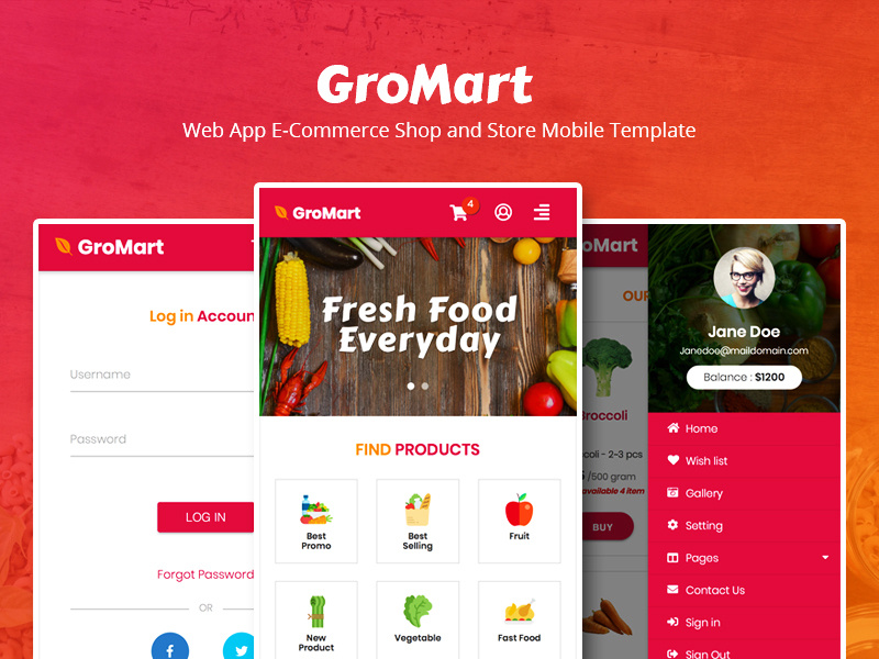 GroMart - Web App E-Commerce Shop and Store Mobile Template template mobile ui store shop responsive market groceries food fashion ecommerce web design