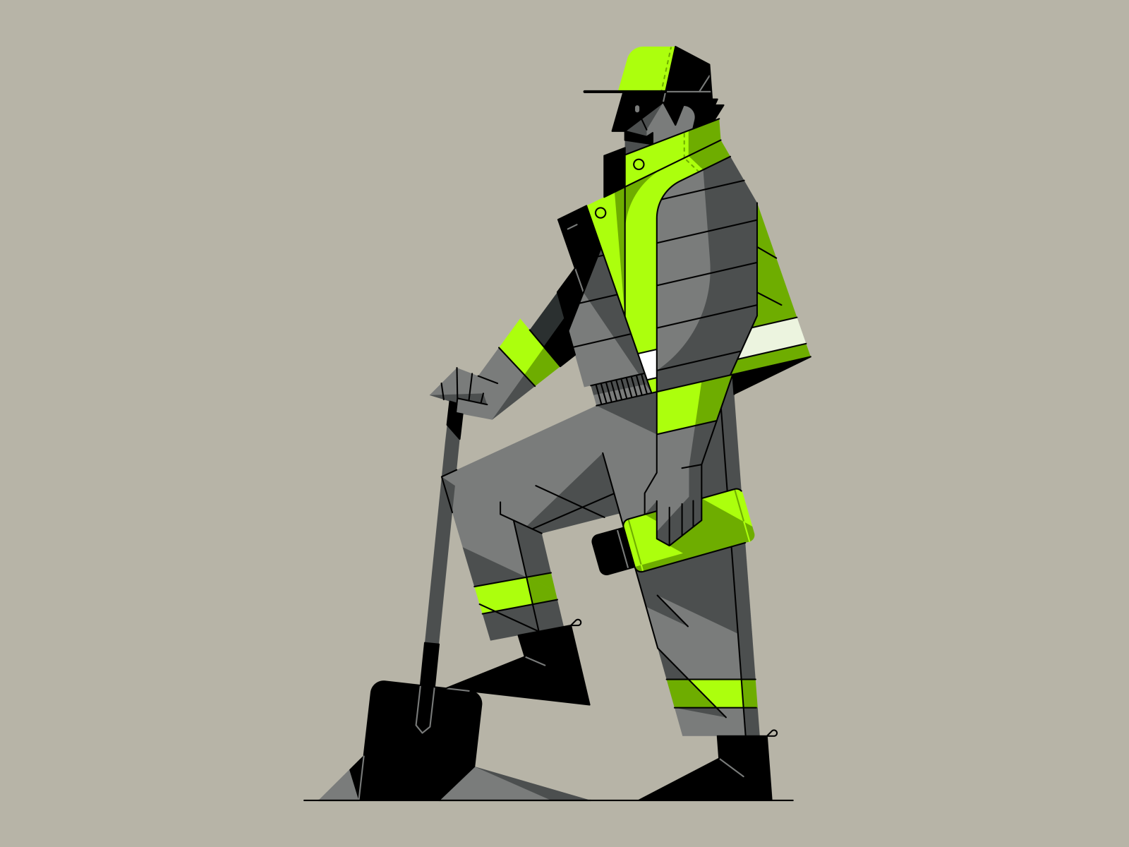 Working Man boots character coffee flat hat illustration illustrator jacket outline shovel vector work yellowjacket
