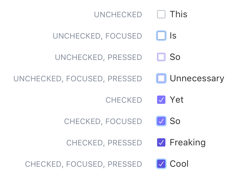 Checkboxes pressed focused focus pilot-x pilot san-francisco toggle control selected unselected checkbox