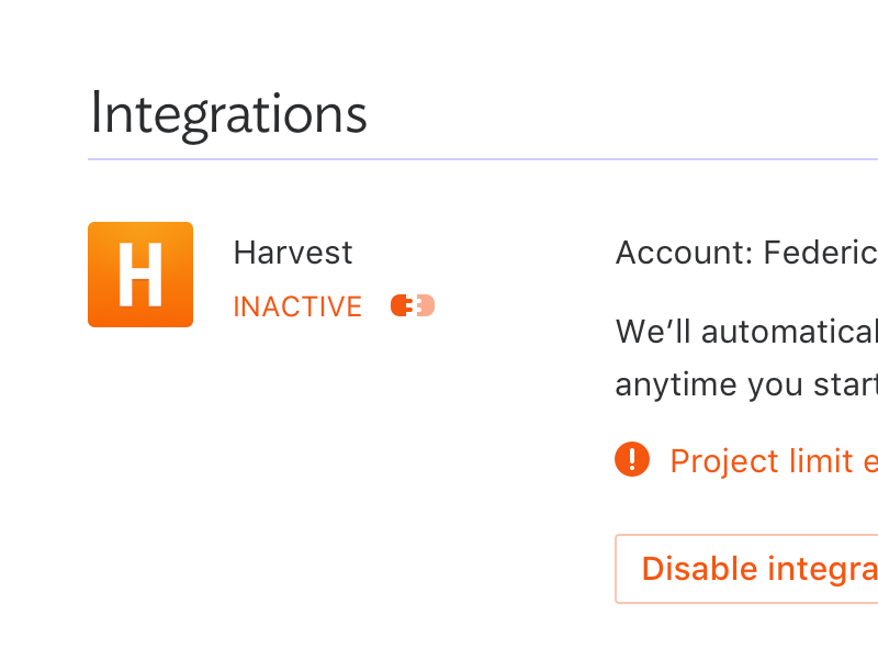 Integrations button error warning harvest plugin integration