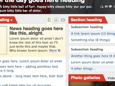 News site boxes icons red sections tabs yellow
