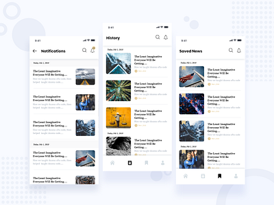 News notification, History, Saved news android design ios khan kit minimal. mobile apps news news feed newsfeed newsletter saad saad khan screen ui ux