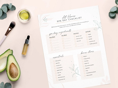 Spa Day Checklist avacado checklist diy face mask greenery hair mask ingredients lip scrub mockup pampering print design printable relax salt soak spa spaday