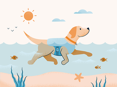 Doggy Paddling at the Beach beach beach day dog dog life jacket dog swimming doggie paddle illustration swimming texture under the water