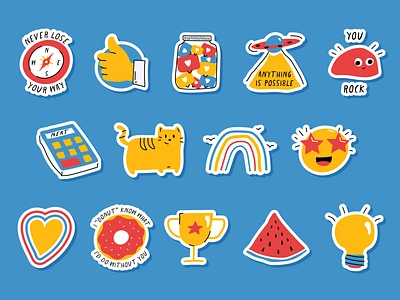 Hand-Drawn Sticker Set cat compass donut icon set icons idea lightbulb likes rainbow sticker ufo watermelon