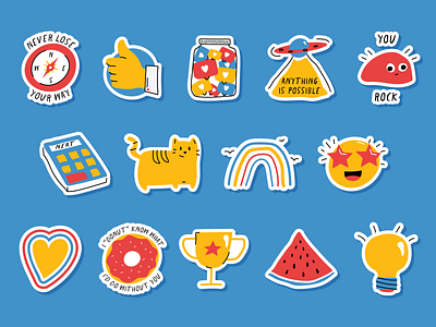 Hand-Drawn Sticker Set cat compass donut icon set icons idea lightbulb likes rainbow sticker ufo watermelon