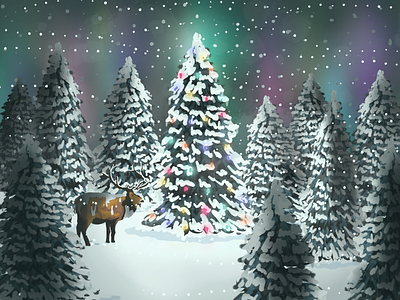 Elk in a Snowy Wood aurora christmas elk evergreen forest holidays procreate snow trees winter