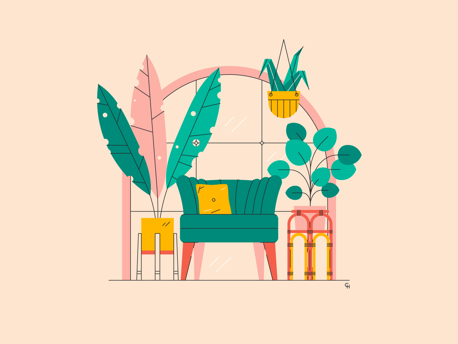 Chair and plants chair flat green illustration indoor interior plant plants window