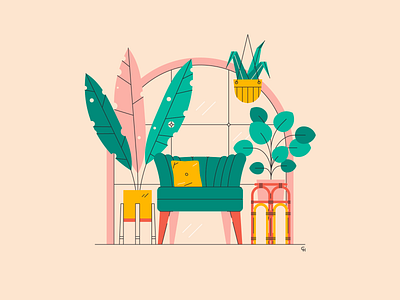 Chair and plants chair flat green illustration indoor interior plant plants window