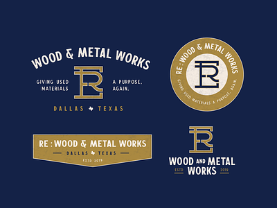 RE Wood & Metal Works — Brand Concept badge branding gold logo metal navy vintage wood woodworking