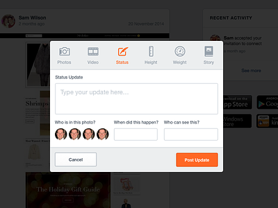 Post Content Modal add create icons menu newsfeed post status ui ux