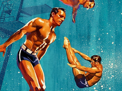 Illustration for vintage travel poster. Mallorca art diver illustrator vintage travel posters