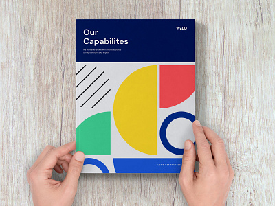 WE•DO Capabilities Doc blue book cover brand identity brand pattern branding design clean design geometric pattern pattern vector yellow