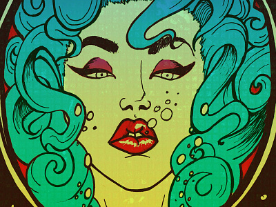 Drowning in the Helmet art blue design digital hair lady makeup mix media pinup poster.