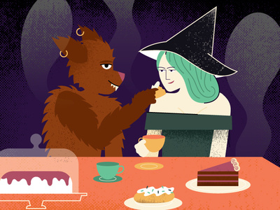 Halloween Pals cake green halloween halloween design illustration october purple treats werewolf witch women