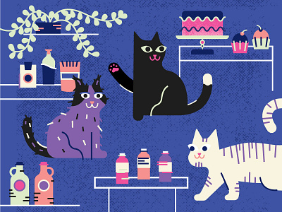 Cats at a Night Market bakery cats color design illustration juice market plant purple shopping