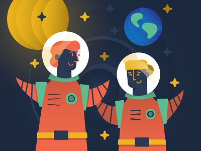 Astro Friends astronaut astronauts illustration orange planet space space art space exploration star vector art women