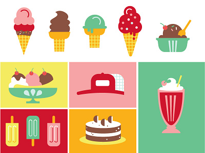 Ice Cream Icons flat design food green ice cream icon design iconography pink yellow