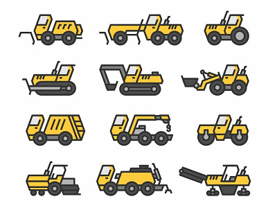 Icons of road construction and harvesting equipment asphalt asphalting drudging equipment icon icons icons set making paver paving road roller sign surface surfacing symbol tractor truck vector work