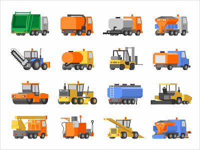 Icons of road construction and harvesting equipment asphalt car equipment icon icons illustration loader paver paving road roller set sign symbol tank tractor truck ui ux vector