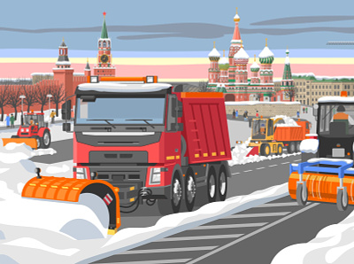 Main illustration for the site art asphalt car cathedral clearing design equipment illustration moscow red road site snow temple tower tractor truck vector