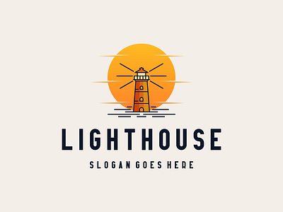 Awesome lighthouse logo icon symbol illustration colorful icon landscape lighthouse lighting logo logodesigns minimalist modern monoline navigation negativespace ocean rock simple sunrise sunset unique water wave