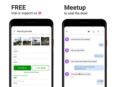 Sprocket Android Sale & Meetup Screenshots android app bicycle bike buy free meetup messenger mobile pay screenshot sell sprocket text