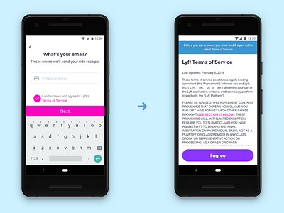 Lyft TOS Screen Redesign accept agree android app ios legal lyft mobile read terms terms of service tos ui ux