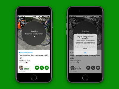 Sprocket iOS Bike Sale Inactive activate active bicycle bike dialog inactive info ios marketplace reactivate sell sprocket stale ui